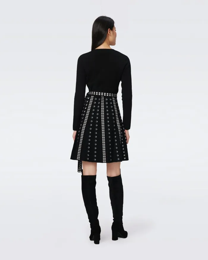 DVF Dresses Women Chelsea Knit Jacquard Dress Black And Stud