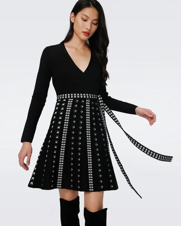 DVF Dresses Women Chelsea Knit Jacquard Dress Black And Stud