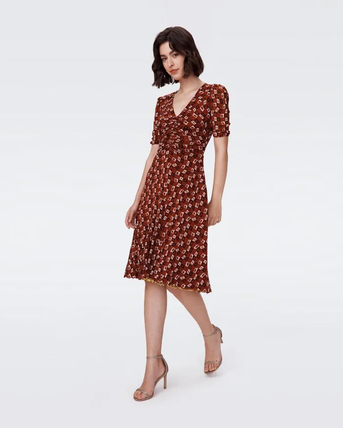 DVF Dresses Women Koren Reversible Mesh Dress Olive Swirl Yellow And Tiny Chain Spots Brown