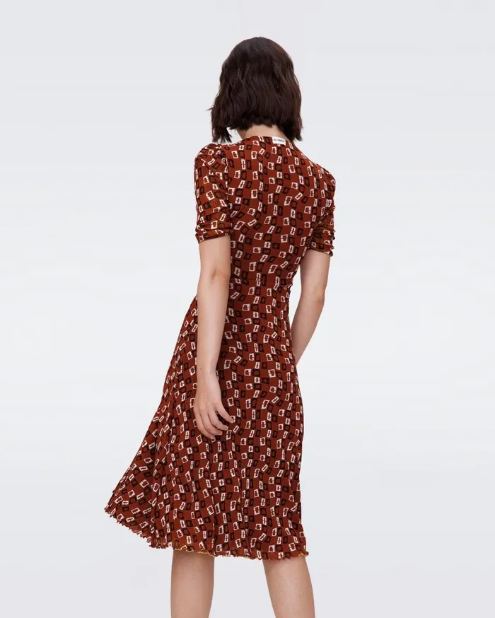 DVF Dresses Women Koren Reversible Mesh Dress Olive Swirl Yellow And Tiny Chain Spots Brown