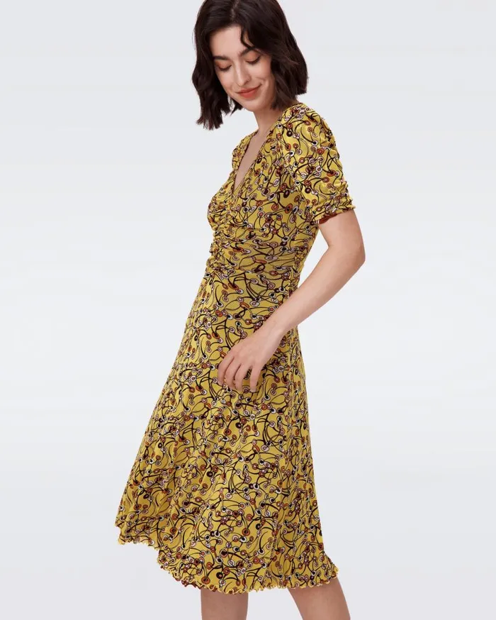 DVF Dresses Women Koren Reversible Mesh Dress Olive Swirl Yellow And Tiny Chain Spots Brown