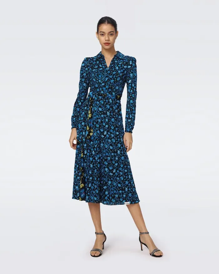 DVF Dresses Women Phoenix Reversible Mesh Wrap Dress Hendrix Floral Teal And Fleetwood Folk Blue
