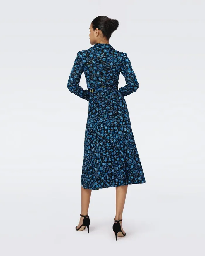 DVF Dresses Women Phoenix Reversible Mesh Wrap Dress Hendrix Floral Teal And Fleetwood Folk Blue