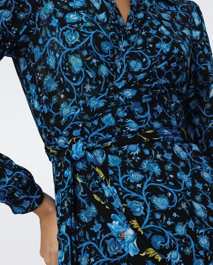 DVF Dresses Women Phoenix Reversible Mesh Wrap Dress Hendrix Floral Teal And Fleetwood Folk Blue