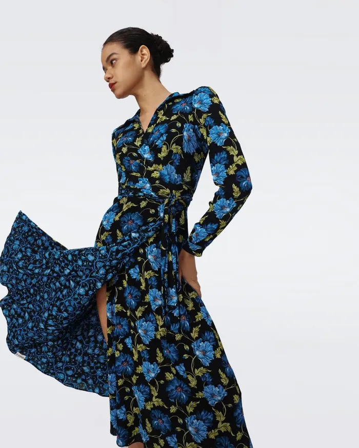 DVF Dresses Women Phoenix Reversible Mesh Wrap Dress Hendrix Floral Teal And Fleetwood Folk Blue