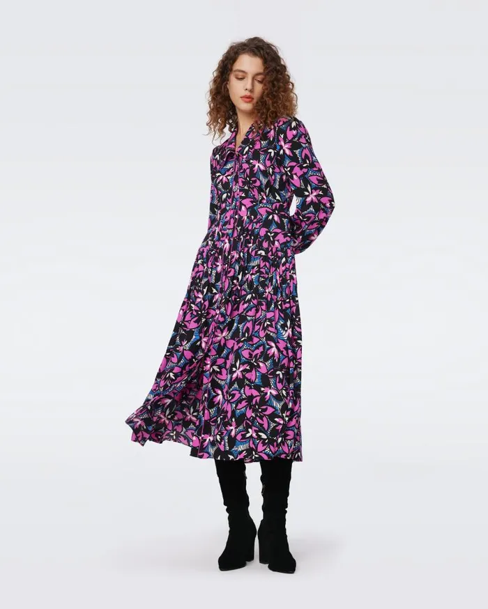 DVF Dresses Women Porsha Dress Fishnet Floral Purple Blush