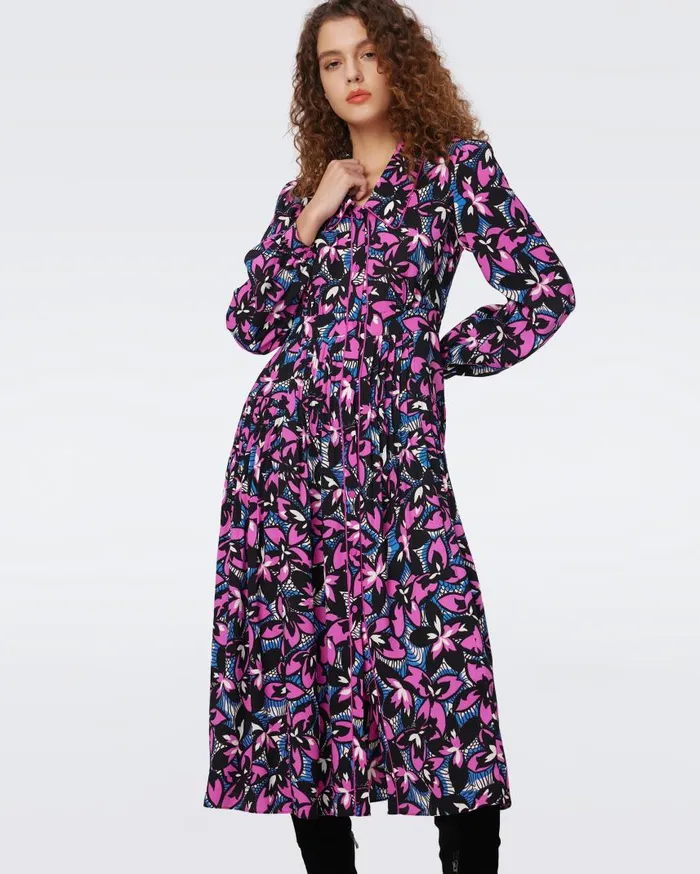 DVF Dresses Women Porsha Dress Fishnet Floral Purple Blush