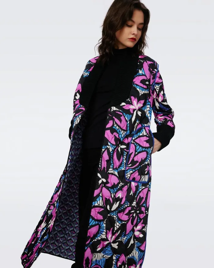 DVF Jackets and Coats Women Loana Reversible Quilted Coat Fishnet Floral And Stadium Geo Purple