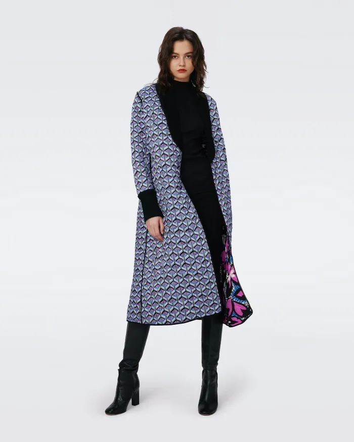 DVF Jackets and Coats Women Loana Reversible Quilted Coat Fishnet Floral And Stadium Geo Purple