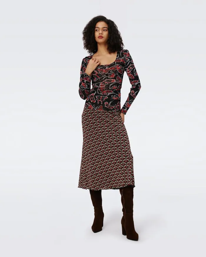 DVF Skirts Women Darlene Reversible Mesh Skirt Flutterfly And Tiny Stadium Geo Red
