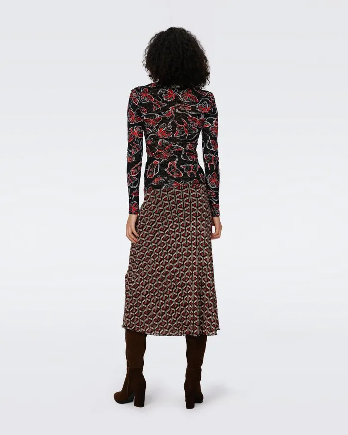 DVF Skirts Women Darlene Reversible Mesh Skirt Flutterfly And Tiny Stadium Geo Red