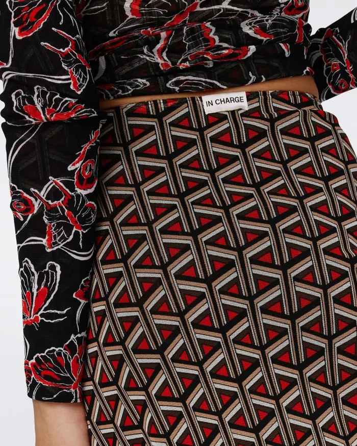 DVF Skirts Women Darlene Reversible Mesh Skirt Flutterfly And Tiny Stadium Geo Red