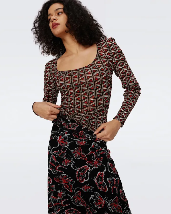 DVF Skirts Women Darlene Reversible Mesh Skirt Flutterfly And Tiny Stadium Geo Red