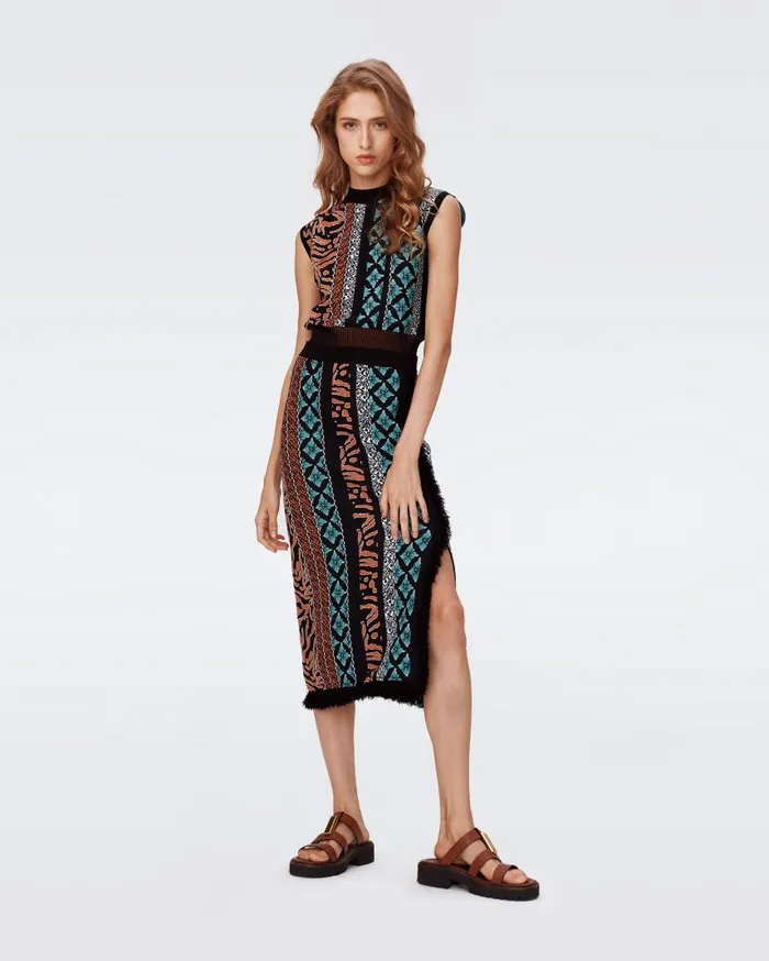 DVF Skirts Women Margarita Knit Jacquard Skirt Multicolor Retro Stripe