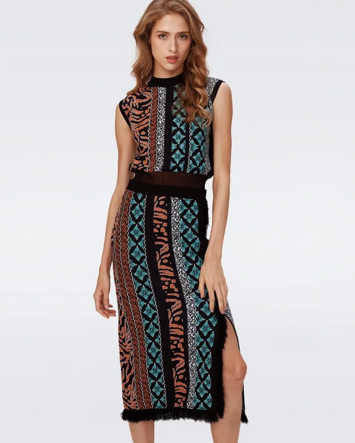 DVF Skirts Women Margarita Knit Jacquard Skirt Multicolor Retro Stripe