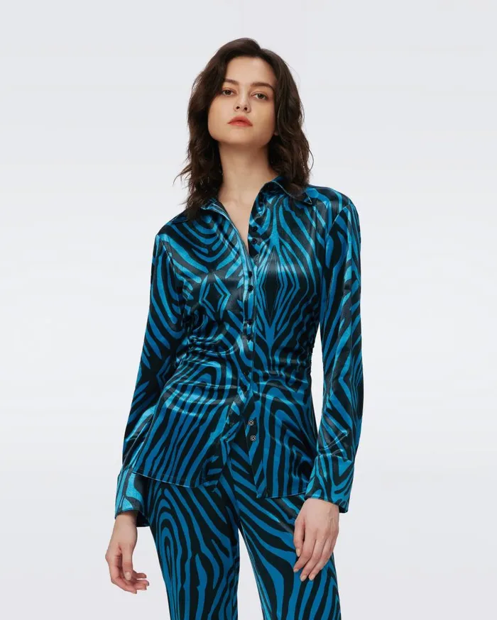 DVF Tops Women Soluck Velvet Top Huge Zebra Blue