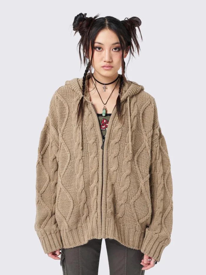 Eli Beige Zip Up Cable Knit Cardigan Women Minga London Knitwear