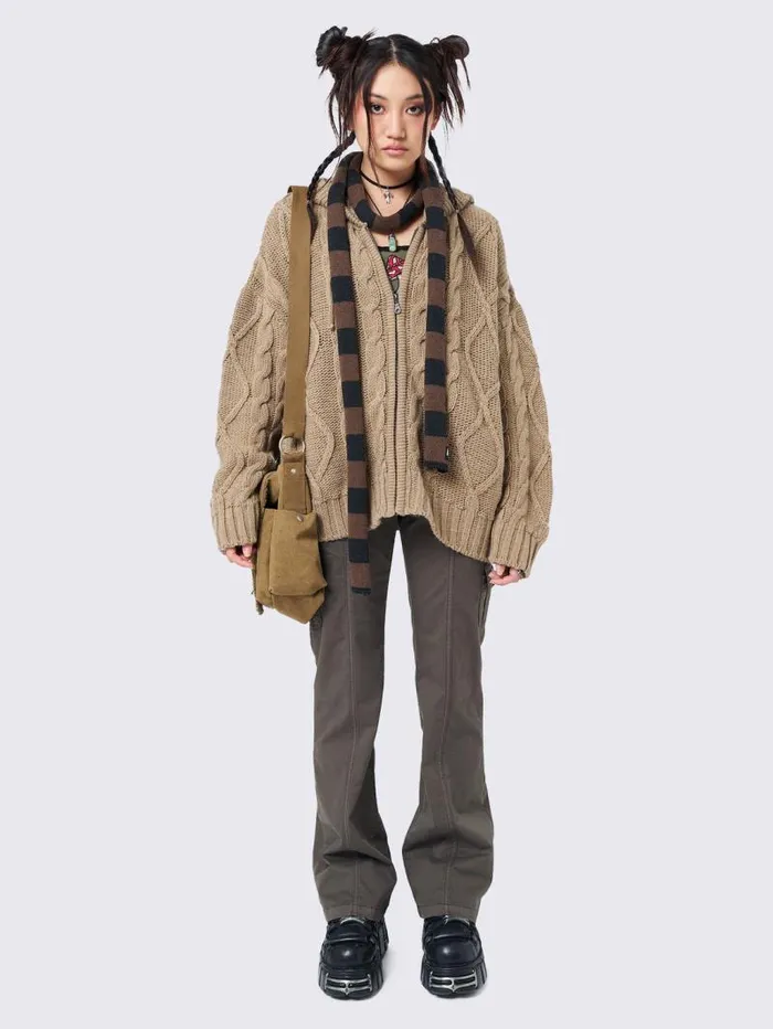 Eli Beige Zip Up Cable Knit Cardigan Women Minga London Knitwear