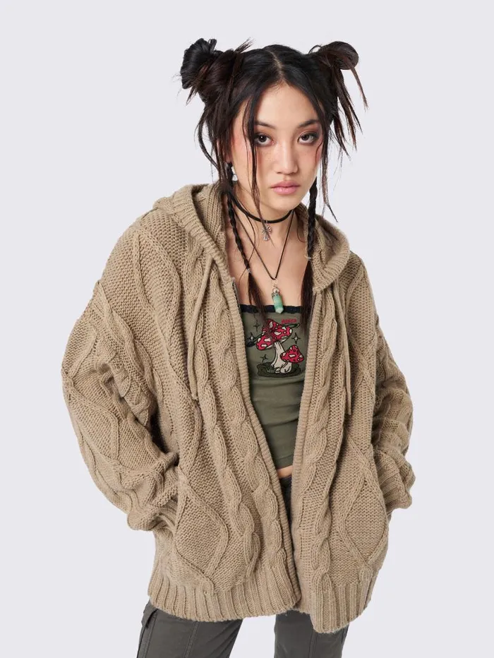 Eli Beige Zip Up Cable Knit Cardigan Women Minga London Knitwear