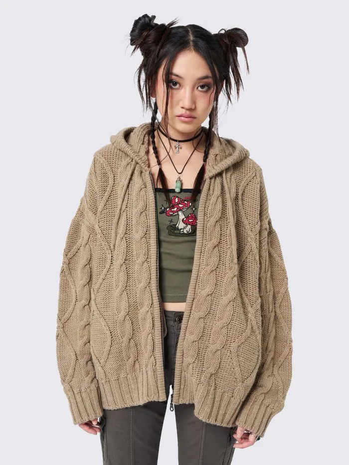 Eli Beige Zip Up Cable Knit Cardigan Women Minga London Knitwear