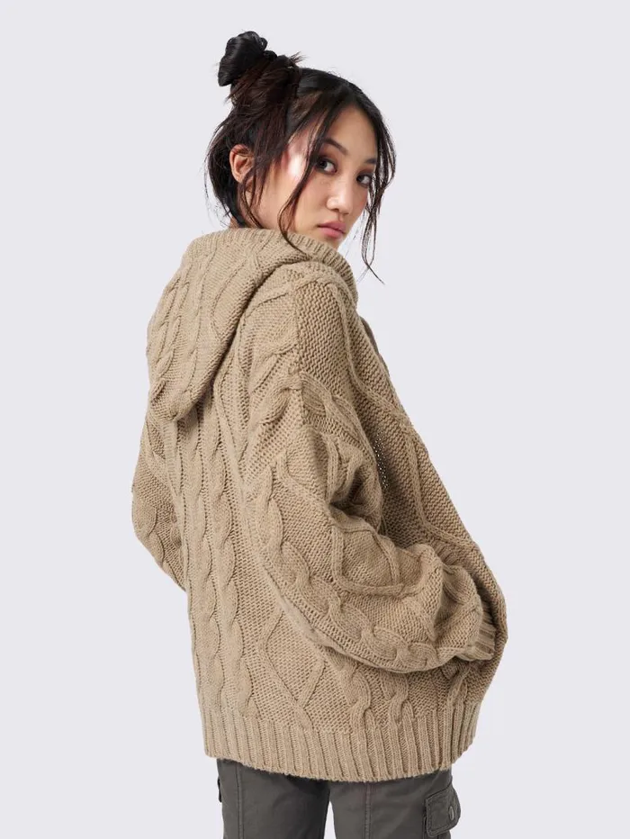 Eli Beige Zip Up Cable Knit Cardigan Women Minga London Knitwear