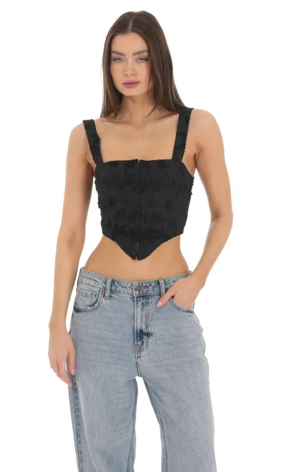 Embroidered Floral Pointed Top Black Women LUCY IN THE SKY Tops