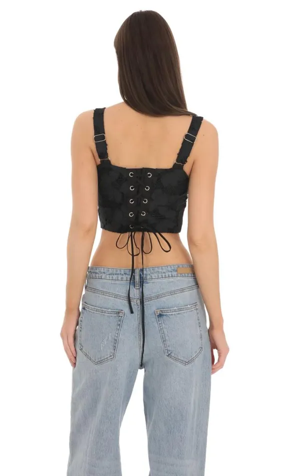 Embroidered Floral Pointed Top Black Women LUCY IN THE SKY Tops Embroidered Floral Pointed Top Black Women LUCY IN THE SKY Tops