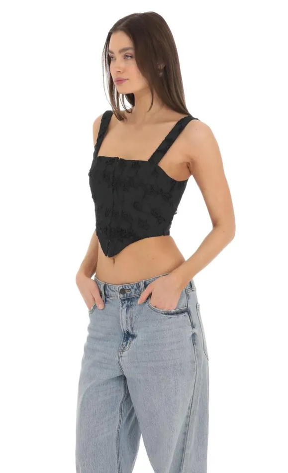 Embroidered Floral Pointed Top Black Women LUCY IN THE SKY Tops Embroidered Floral Pointed Top Black Women LUCY IN THE SKY Tops