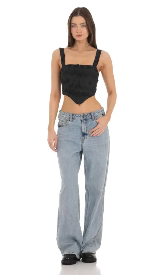 Embroidered Floral Pointed Top Black Women LUCY IN THE SKY Tops Embroidered Floral Pointed Top Black Women LUCY IN THE SKY Tops