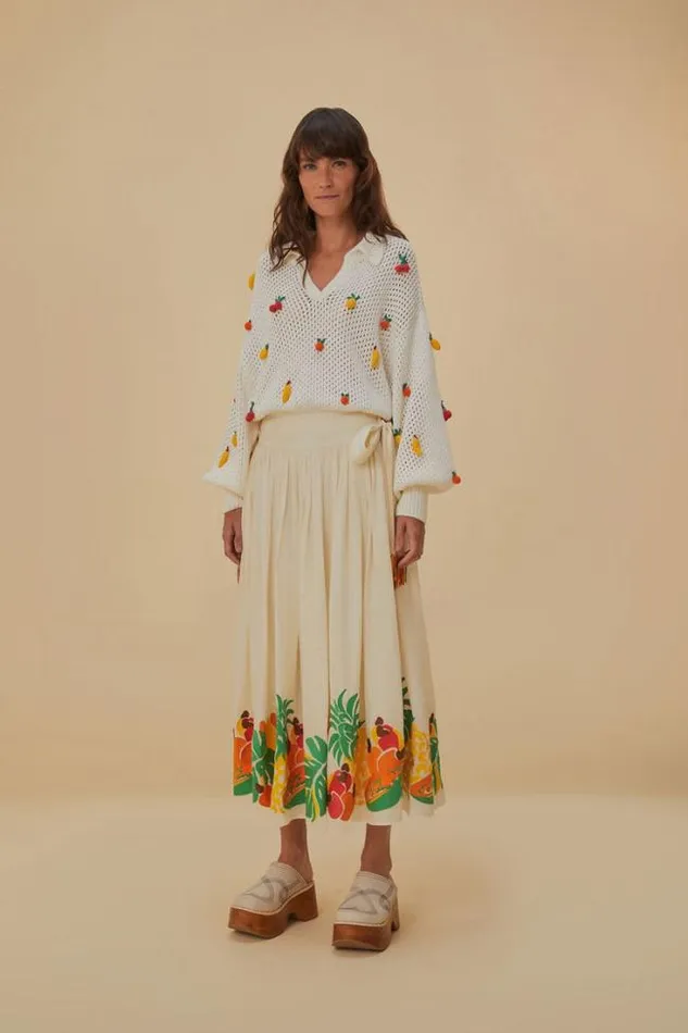 Embroidered Fruits Side Bow Midi Skirt Women FARM Rio Skirts
