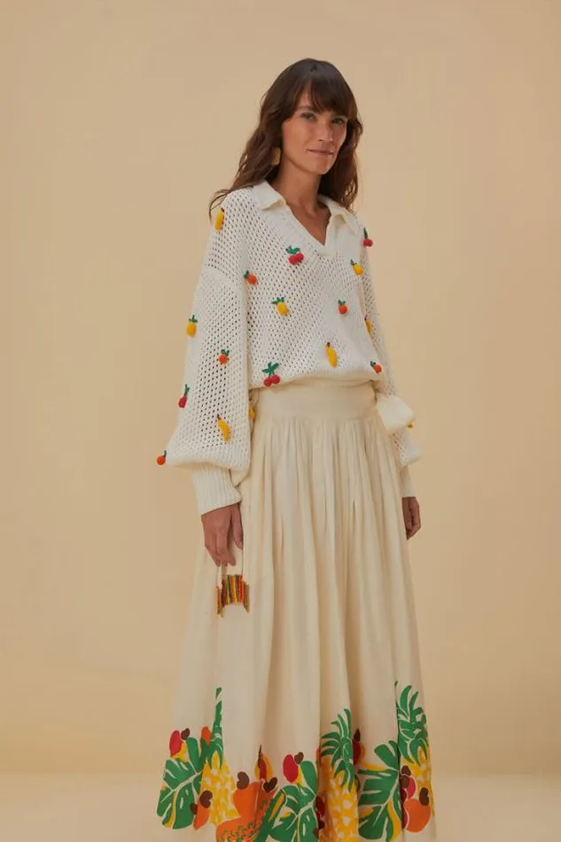 Embroidered Fruits Side Bow Midi Skirt Women FARM Rio Skirts