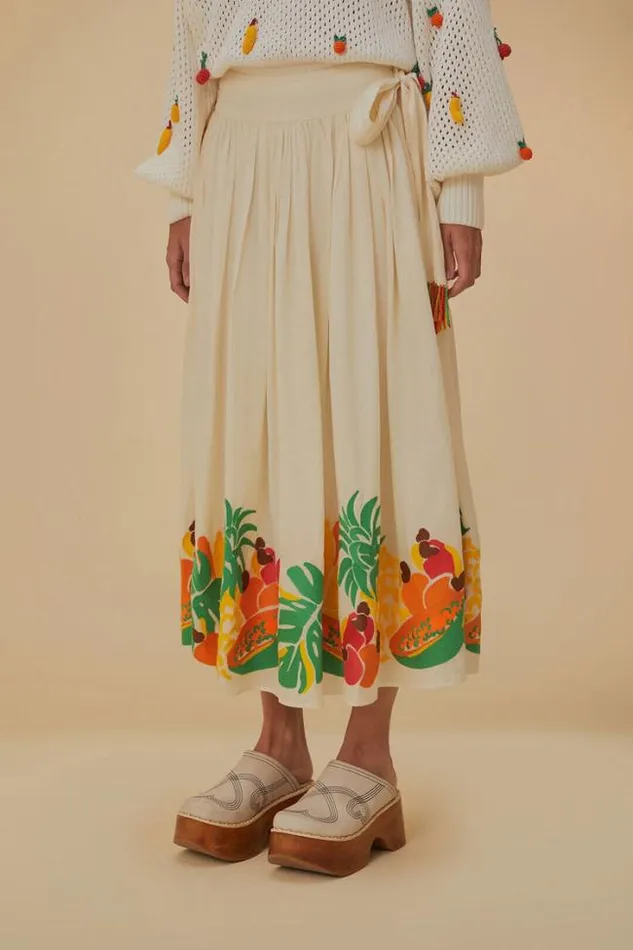 Embroidered Fruits Side Bow Midi Skirt Women FARM Rio Skirts