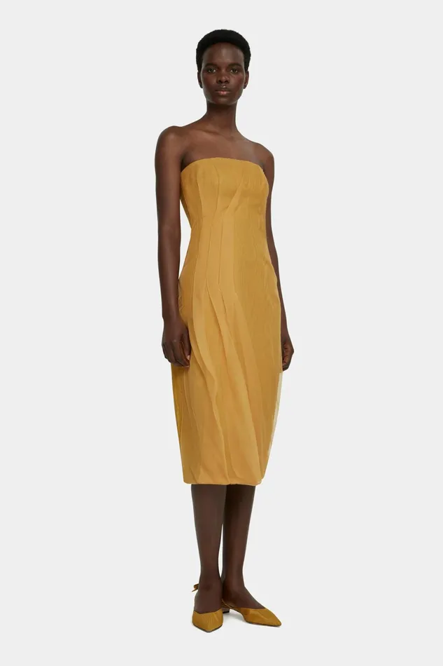 Emilia Wickstead Aracely Strapless Dress In Ochre Moire Mikado Women Dresses