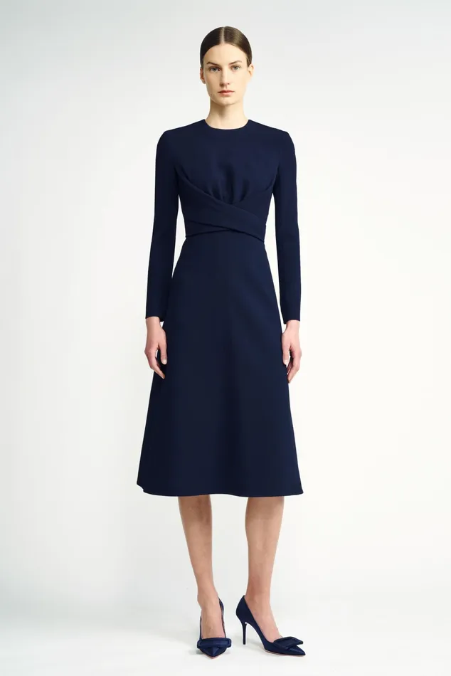 Emilia Wickstead Elta Midnight Blue WrapEffect Double Crepe Dress Women Dresses