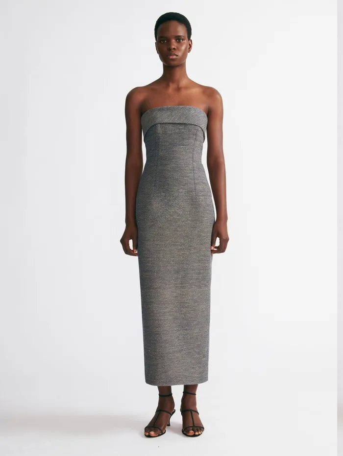 Emilia Wickstead Keeley Dress In Navy and Ivory Chevron Weave Women Denim