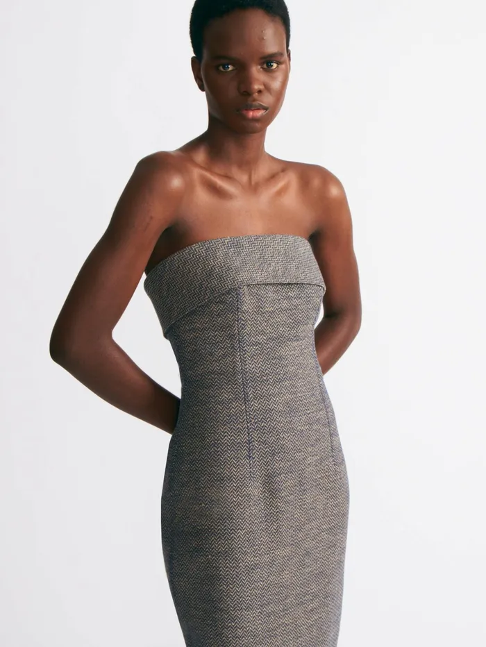 Emilia Wickstead Keeley Dress In Navy and Ivory Chevron Weave Women Denim