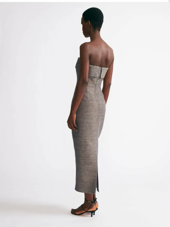 Emilia Wickstead Keeley Dress In Navy and Ivory Chevron Weave Women Denim