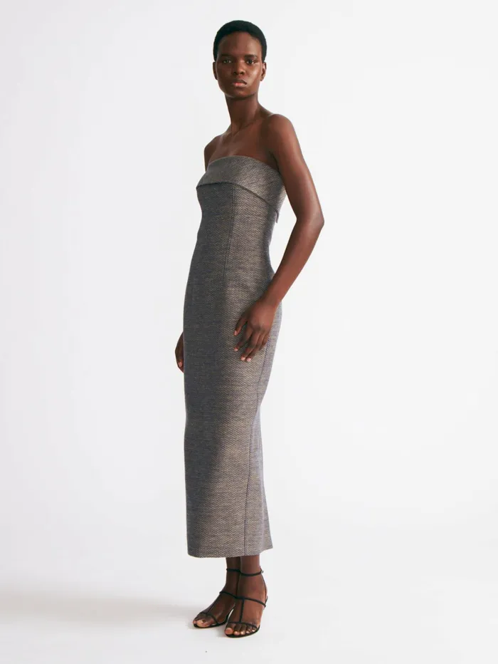 Emilia Wickstead Keeley Dress In Navy and Ivory Chevron Weave Women Denim
