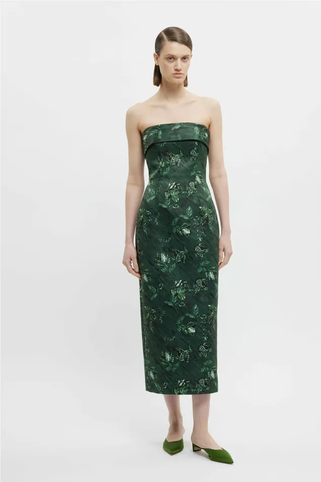 Emilia Wickstead Keeley Strapless Dress In Green Roses Marble Print Women Dresses