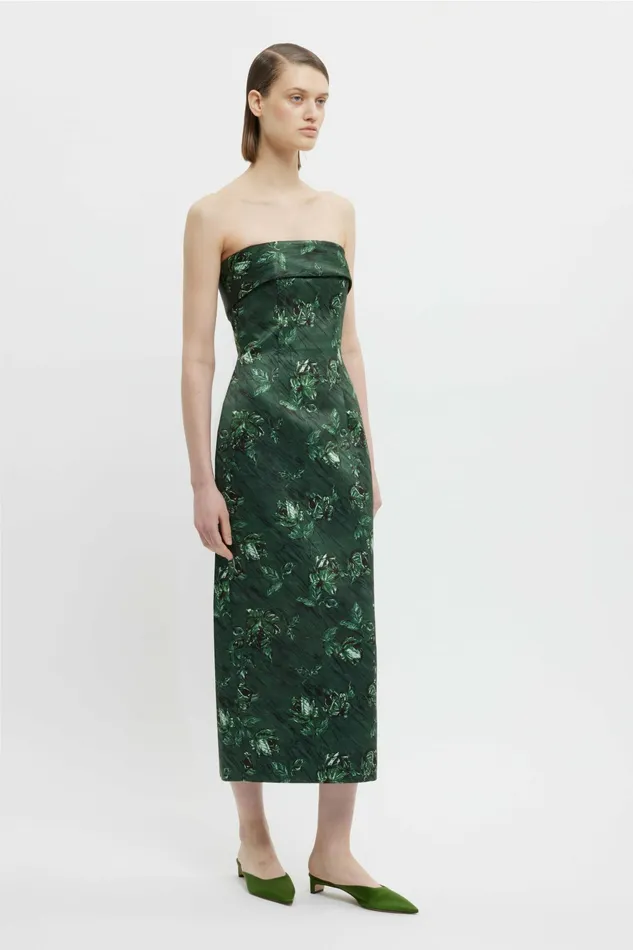 Emilia Wickstead Keeley Strapless Dress In Green Roses Marble Print Women Dresses Emilia Wickstead Keeley Strapless Dress In Green Roses Marble Print Women Dresses