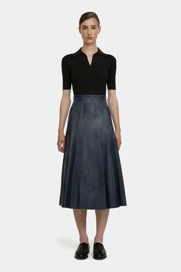 Emilia Wickstead Kensie Skirt In Dark Navy Leather Women Skirts