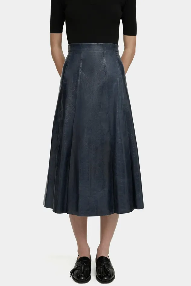 Emilia Wickstead Kensie Skirt In Dark Navy Leather Women Skirts