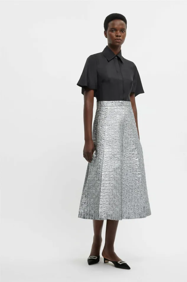 Emilia Wickstead Kensie Skirt In Silver Metallic Seersucker Women Skirts