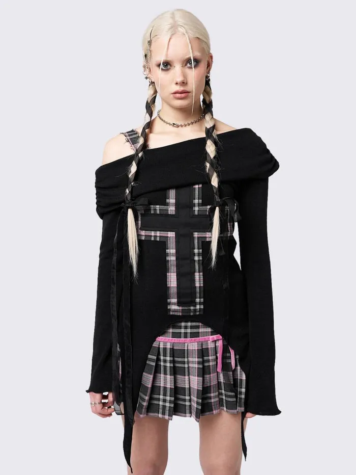 Ethereal Cross Black Off Shoulder Top Women Minga London Tops and TShirts