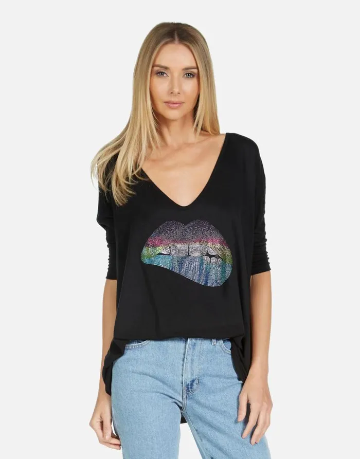 Eva X Rainbow Crystal Biting Lip Black Women Lauren Moshi Short Sleeve