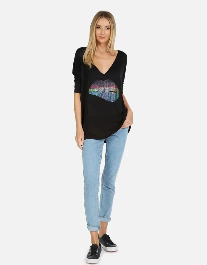 Eva X Rainbow Crystal Biting Lip Black Women Lauren Moshi Short Sleeve