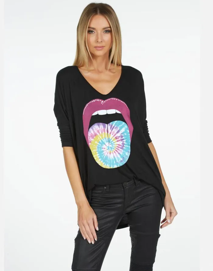 Eva X Tie Dye Tongue Black Women Lauren Moshi Short Sleeve