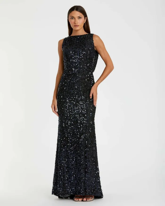 Evening Gowns Mac Duggal Women Blue Cowl Back Boat Neck Sequined Evening Gown Midnight