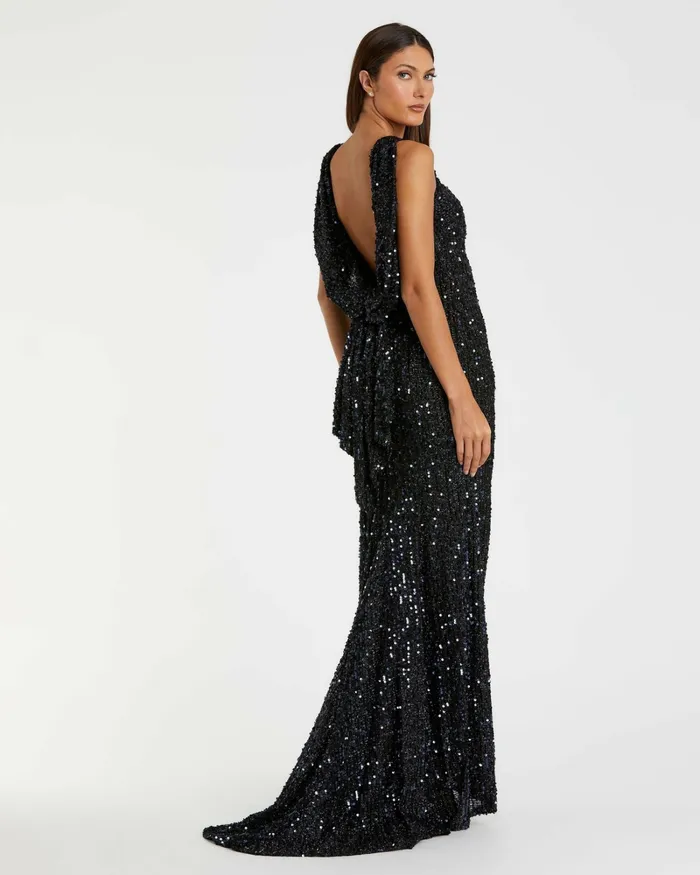 Evening Gowns Mac Duggal Women Blue Cowl Back Boat Neck Sequined Evening Gown Midnight