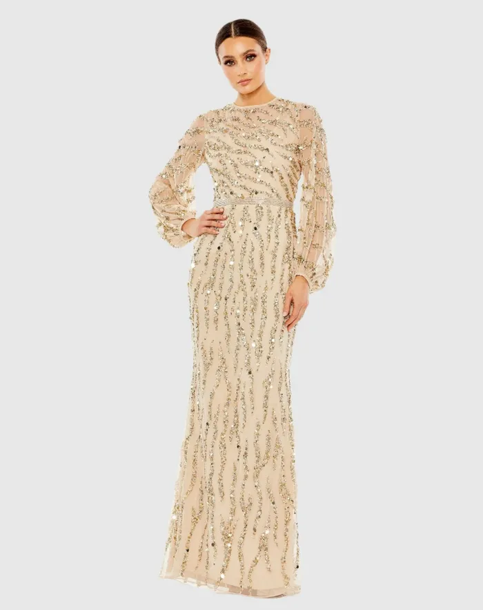 Evening Gowns Women Embellished High Neck Puff Sleeve Trumpet Gown Nude Gold Mac Duggal